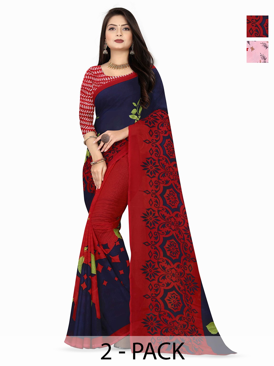 

ANAND SAREES Selection Of 2 Floral Printed Saree, Pink