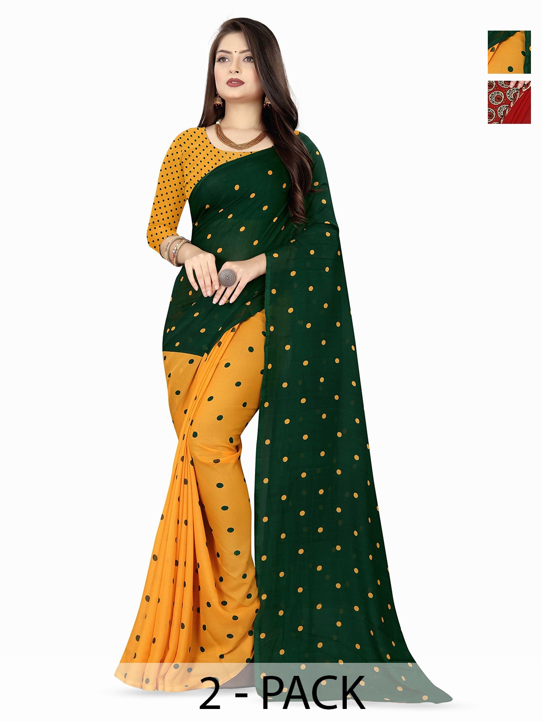 

ANAND SAREES Selection Of 2 Polka Dots Printed Saree, Red
