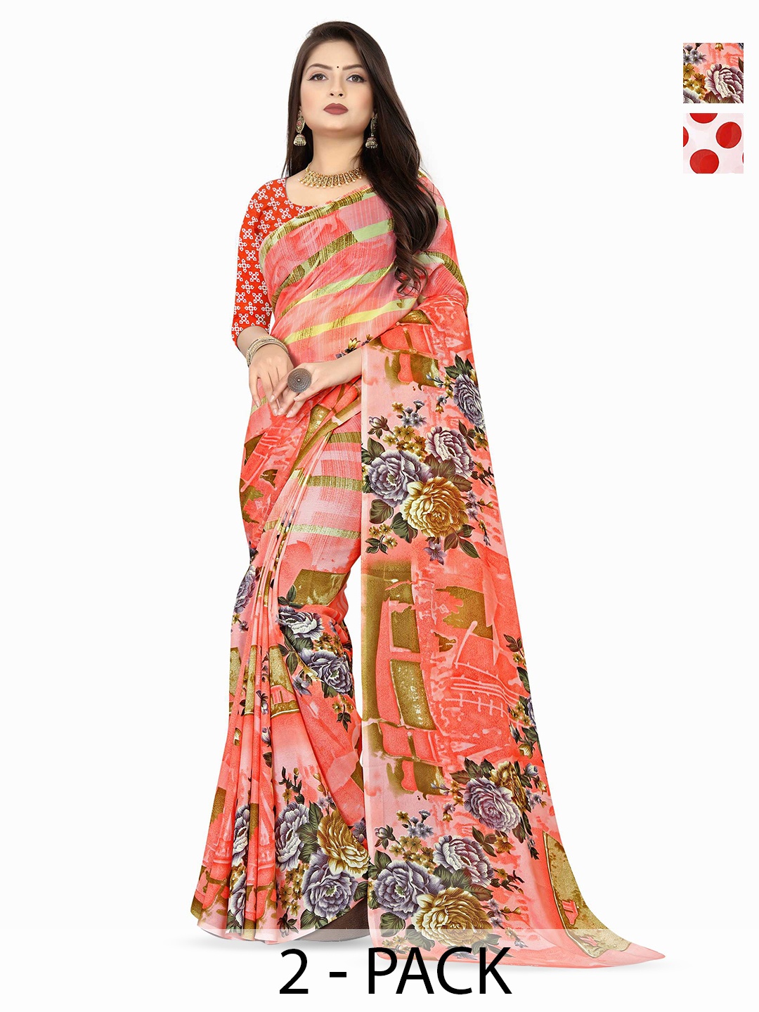 

ANAND SAREES PACK OF 2 Floral Poly Georgette Saree, Peach