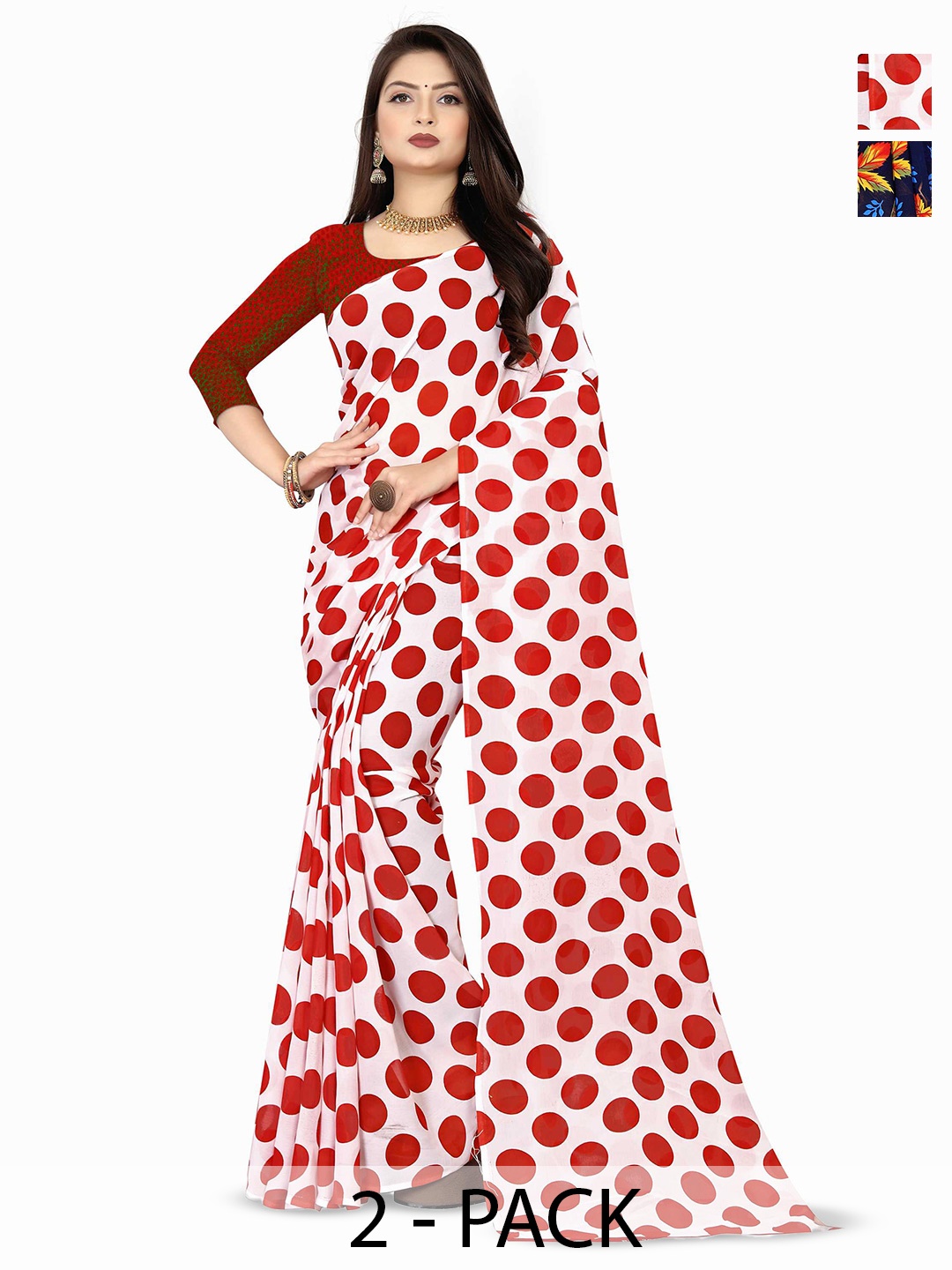 

ANAND SAREES Pack Of 2 Polka Dot Saree, Red