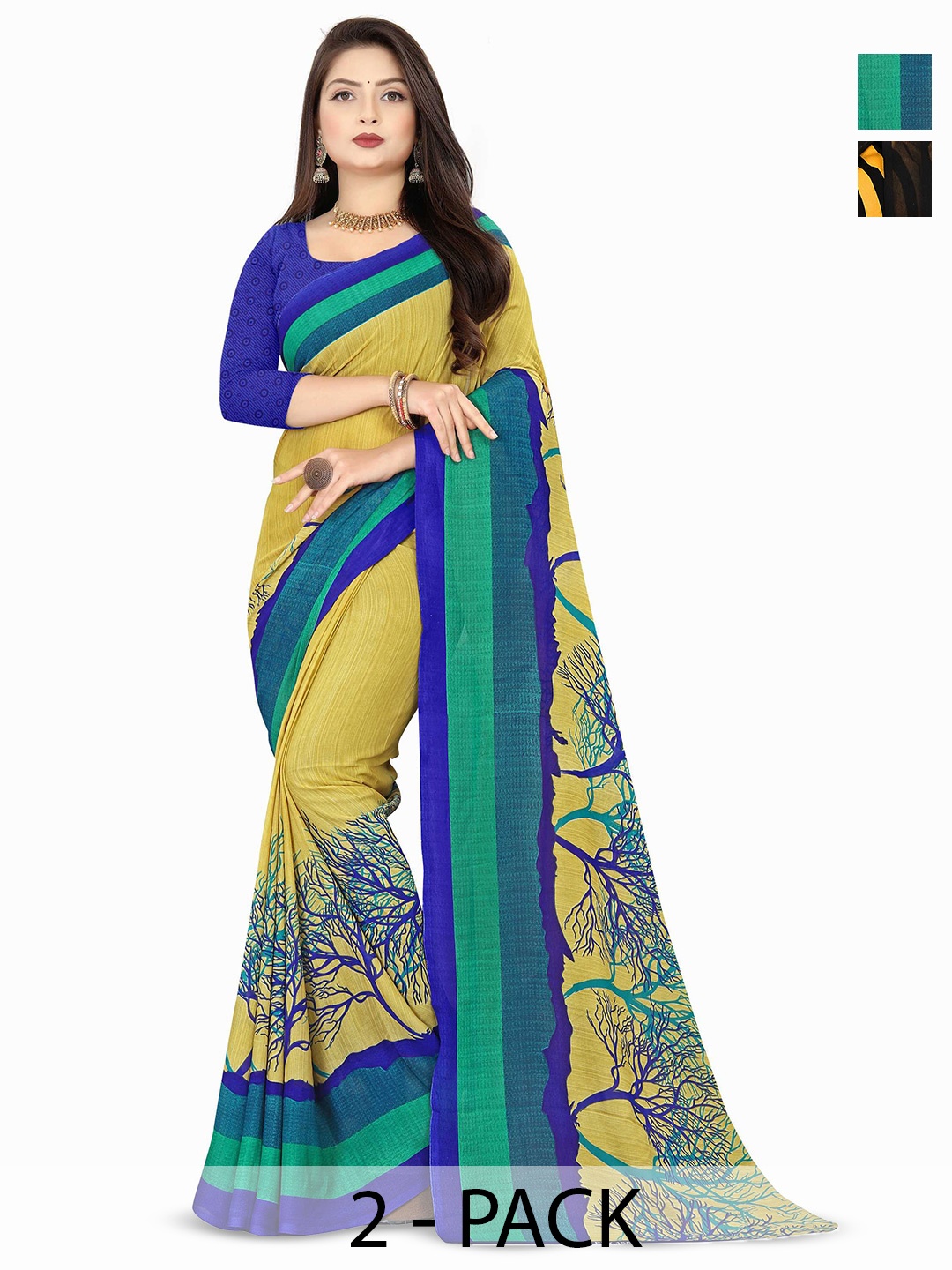

ANAND SAREES Selection of 2 Polka Dot Printed Saree, Yellow