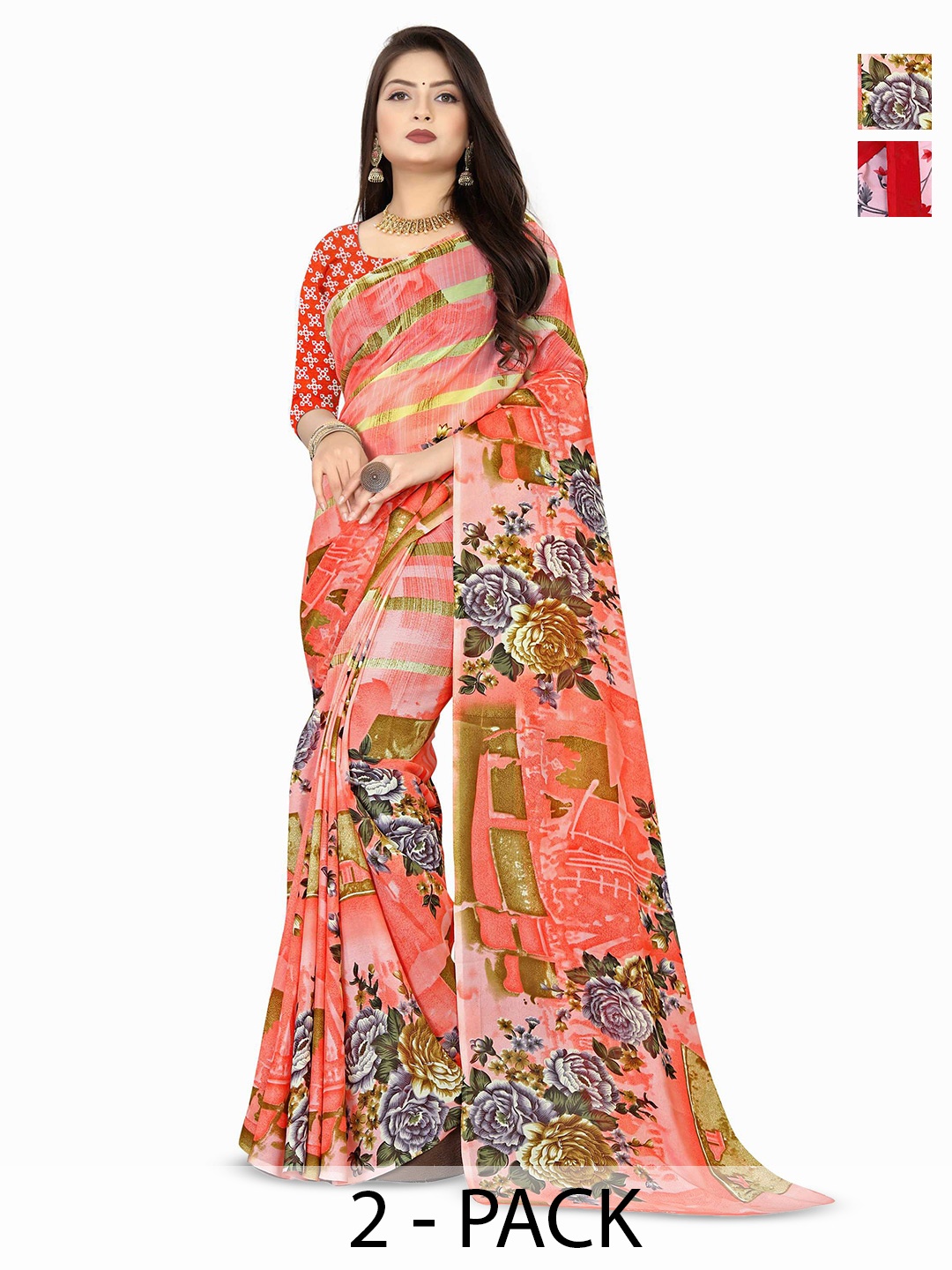 

ANAND SAREES Pack Of 2 Floral Poly Georgette Saree, Peach