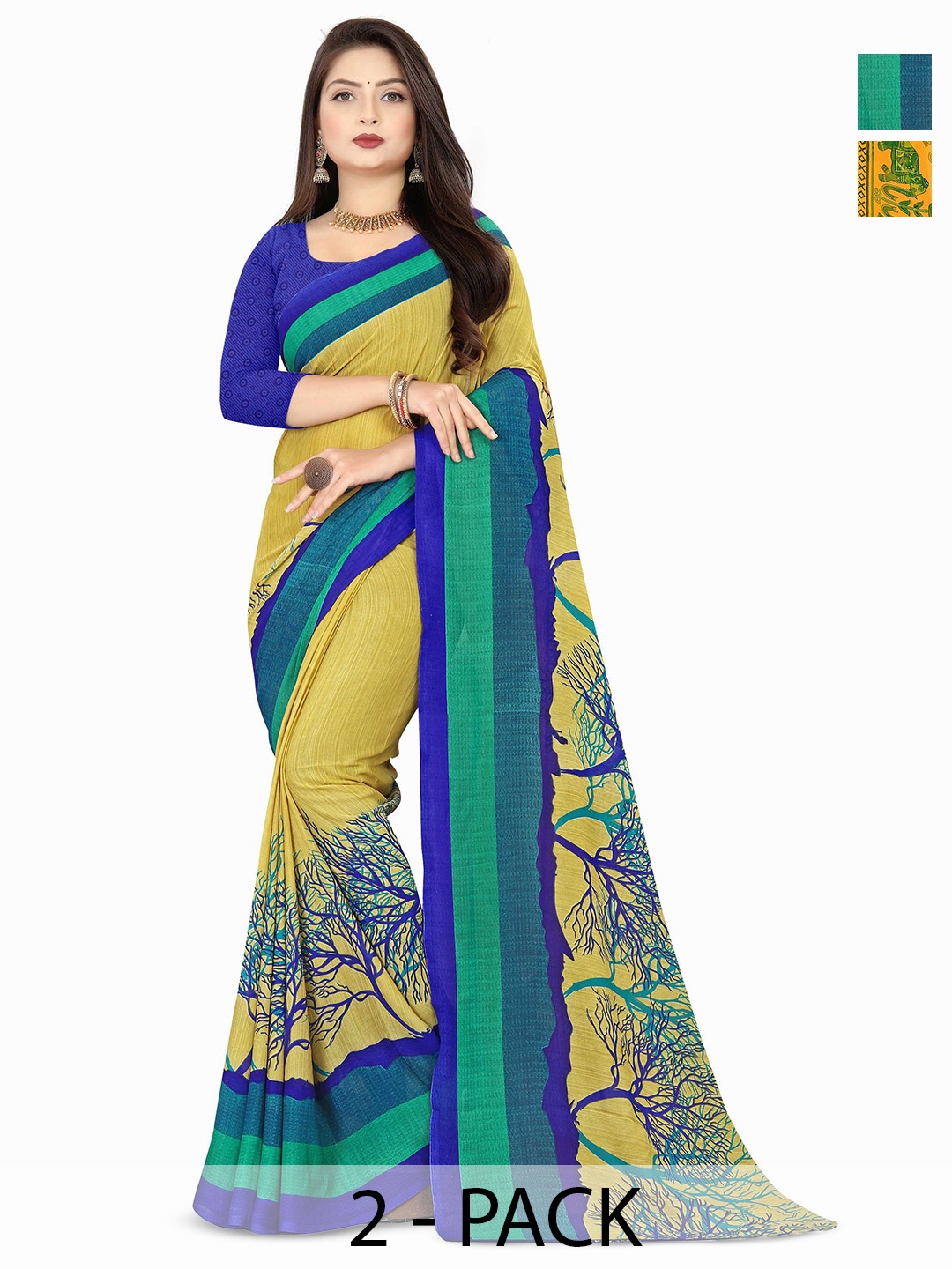 

ANAND SAREES Ethnic Motifs Poly Georgette Saree Pack of 2, Yellow