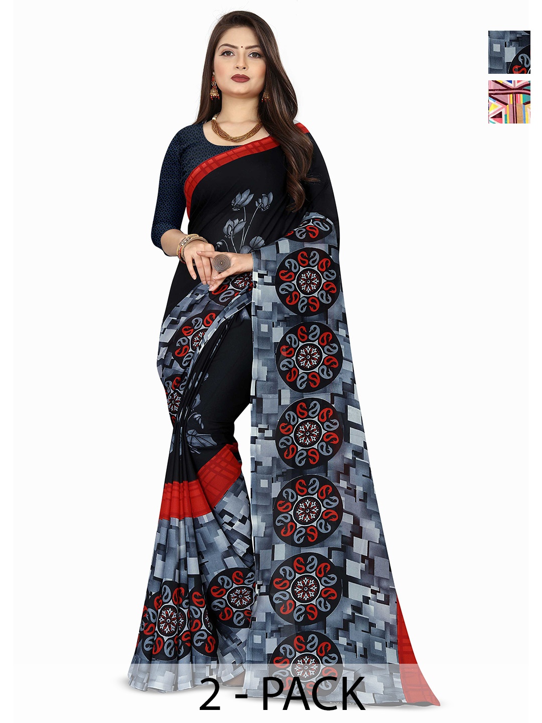 

ANAND SAREES Selection Of 2 Geometric Printed Saree, Black