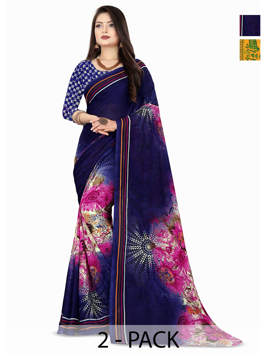 

ANAND SAREES Pack Of 2 Floral Saree, Blue