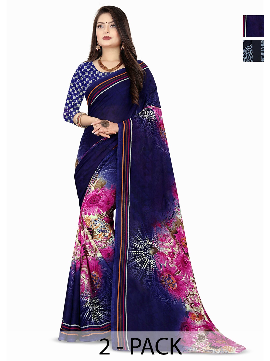 

ANAND SAREES Pack Of 2 Floral Saree, Blue