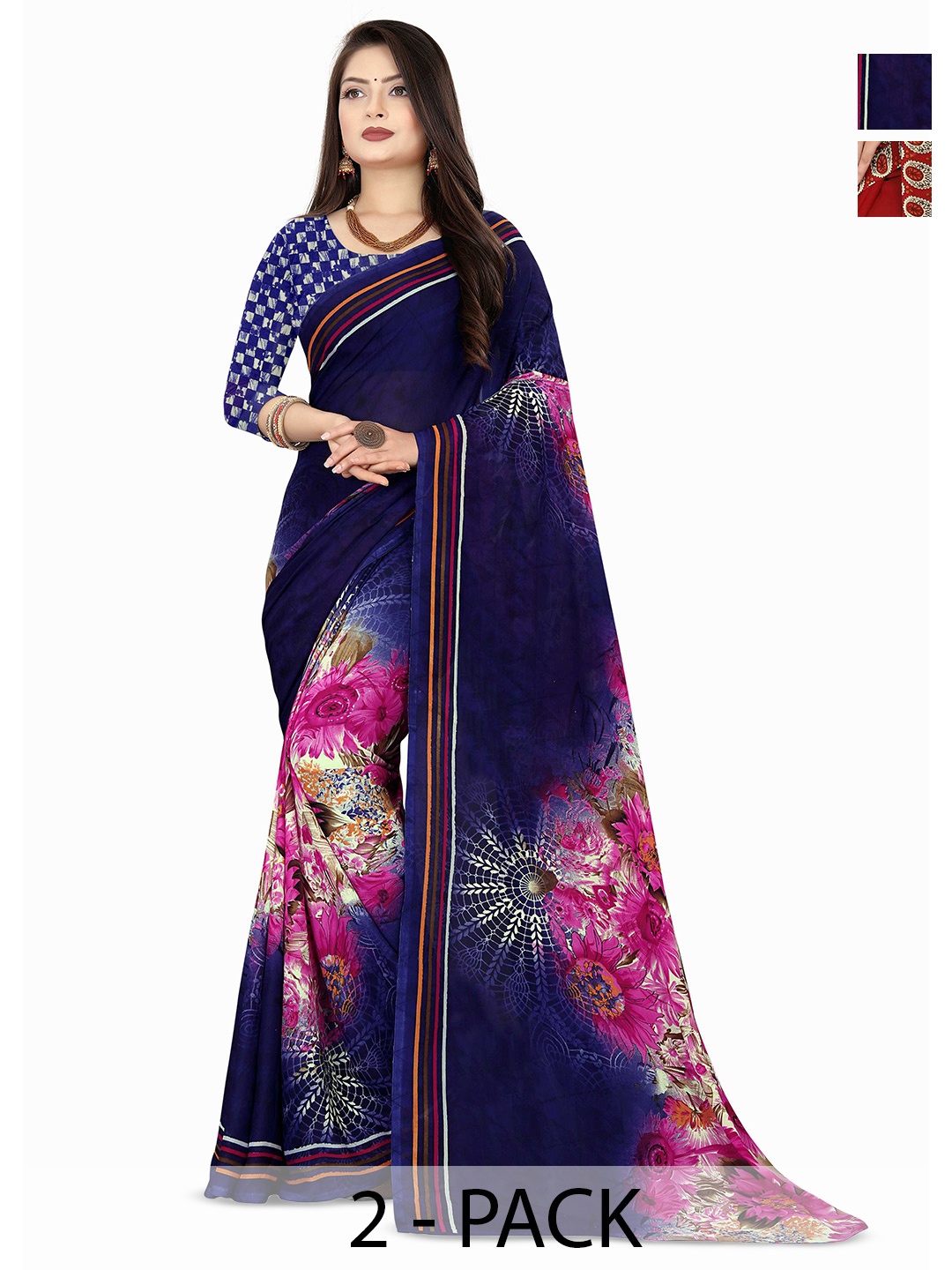 

ANAND SAREES Floral Poly Georgette Saree Pack of 2, Blue