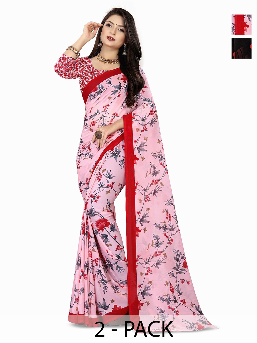 

ANAND SAREES Selection of 2 Floral Printed Saree, Black