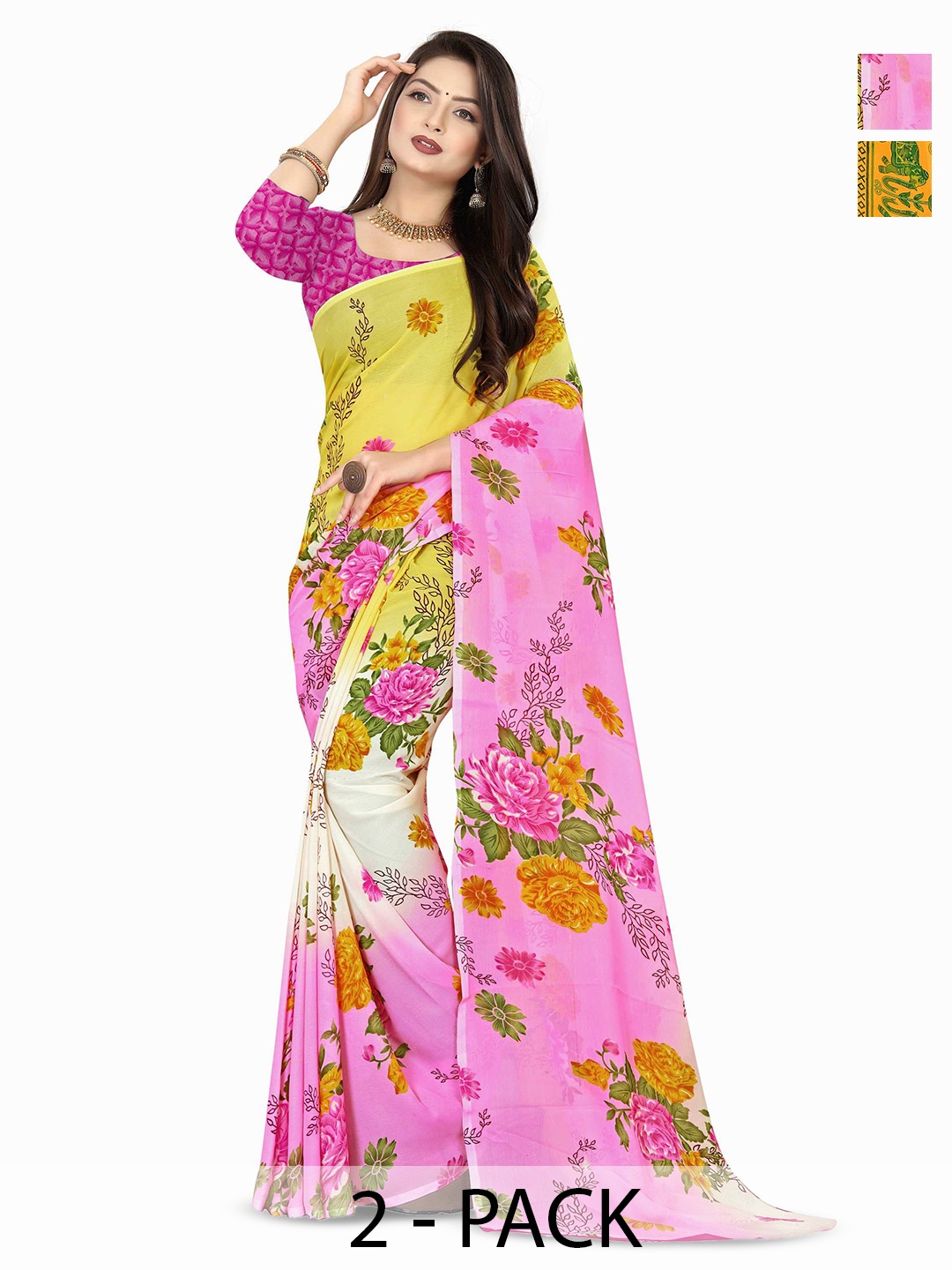 

ANAND SAREES Selection Of 2 Floral Printed Sarees, Yellow