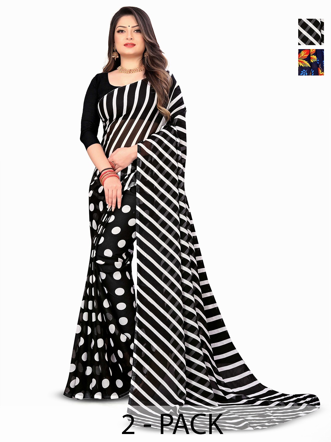 

ANAND SAREES Pack of-2 Polka Dot Saree, Black