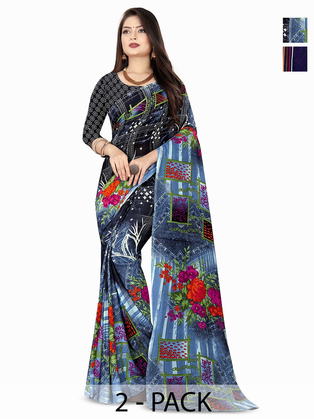 

ANAND SAREES Selection Of 2 Floral Printed Sarees, Blue