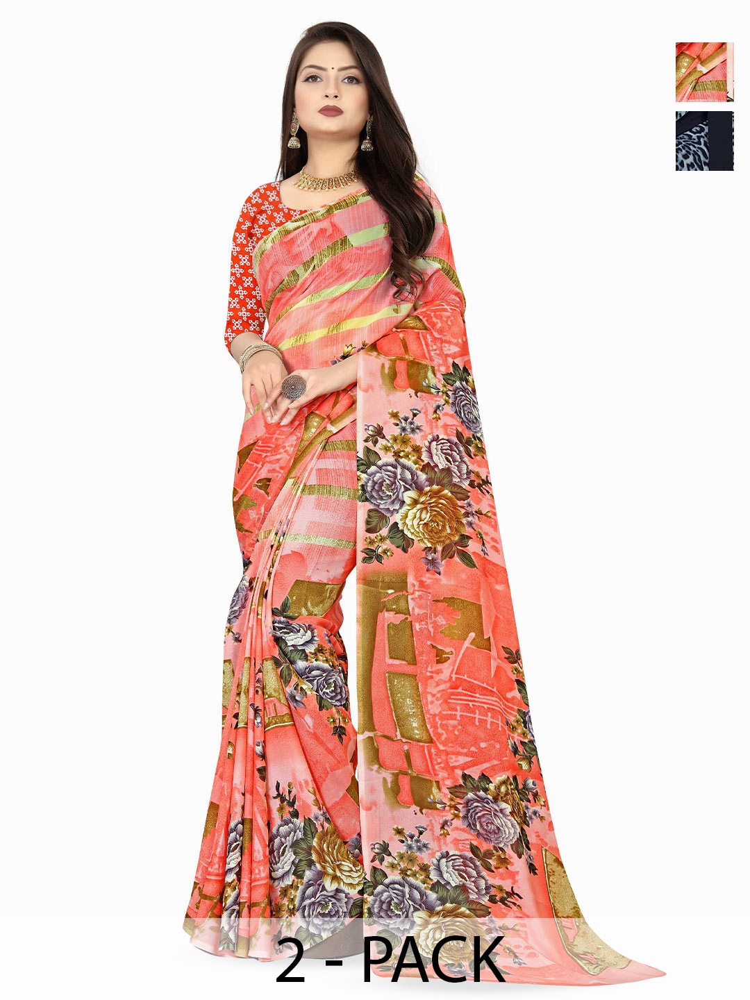 

ANAND SAREES Selection Of 2 Printed Sarees, Peach