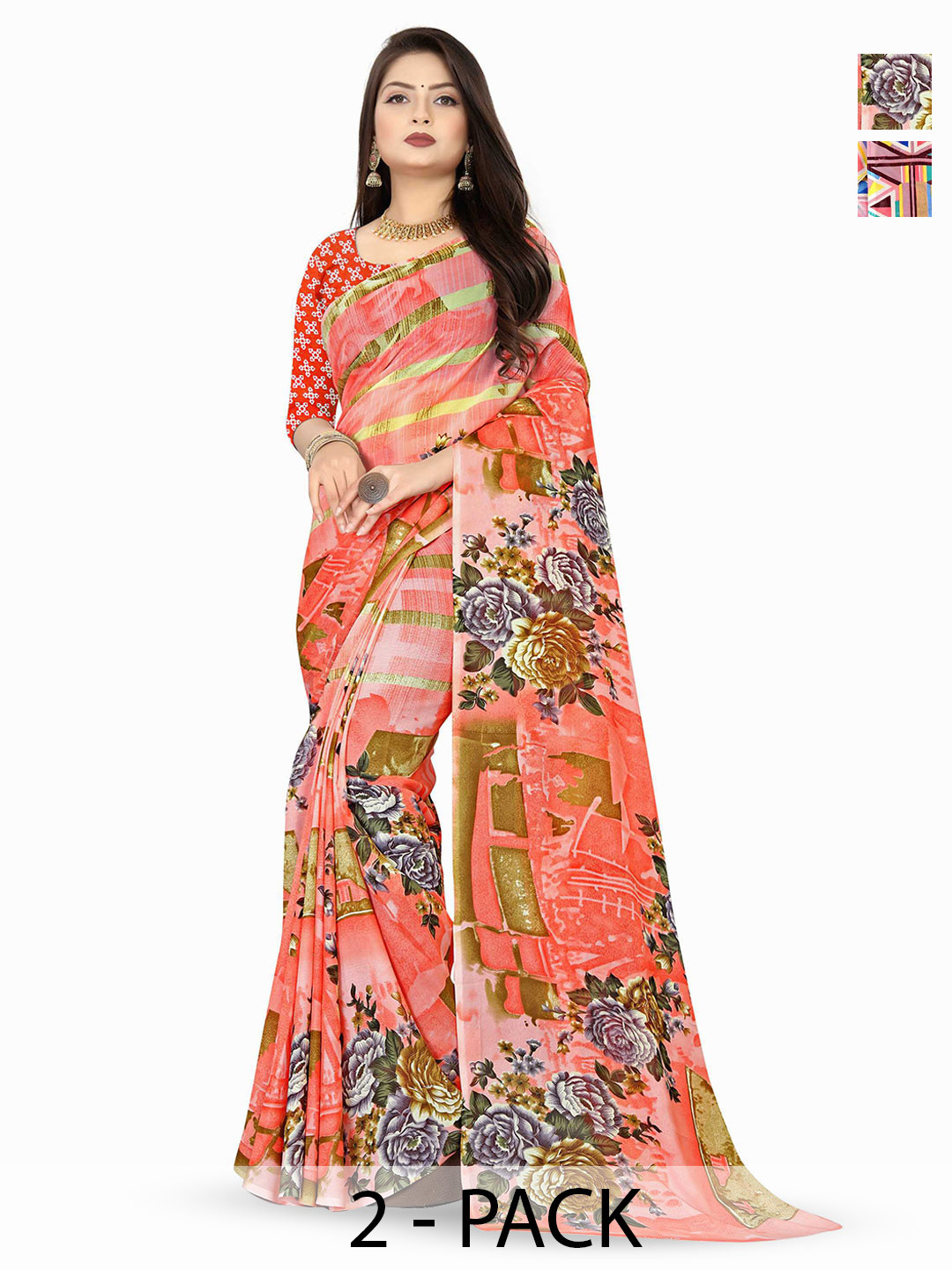 

ANAND SAREES Pack OF 2 Floral Saree, Peach