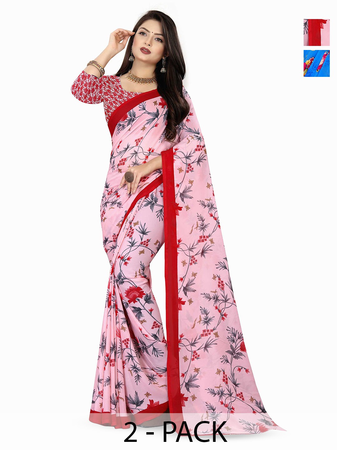 

ANAND SAREES Floral Poly Georgette Saree Pack of 2, Pink