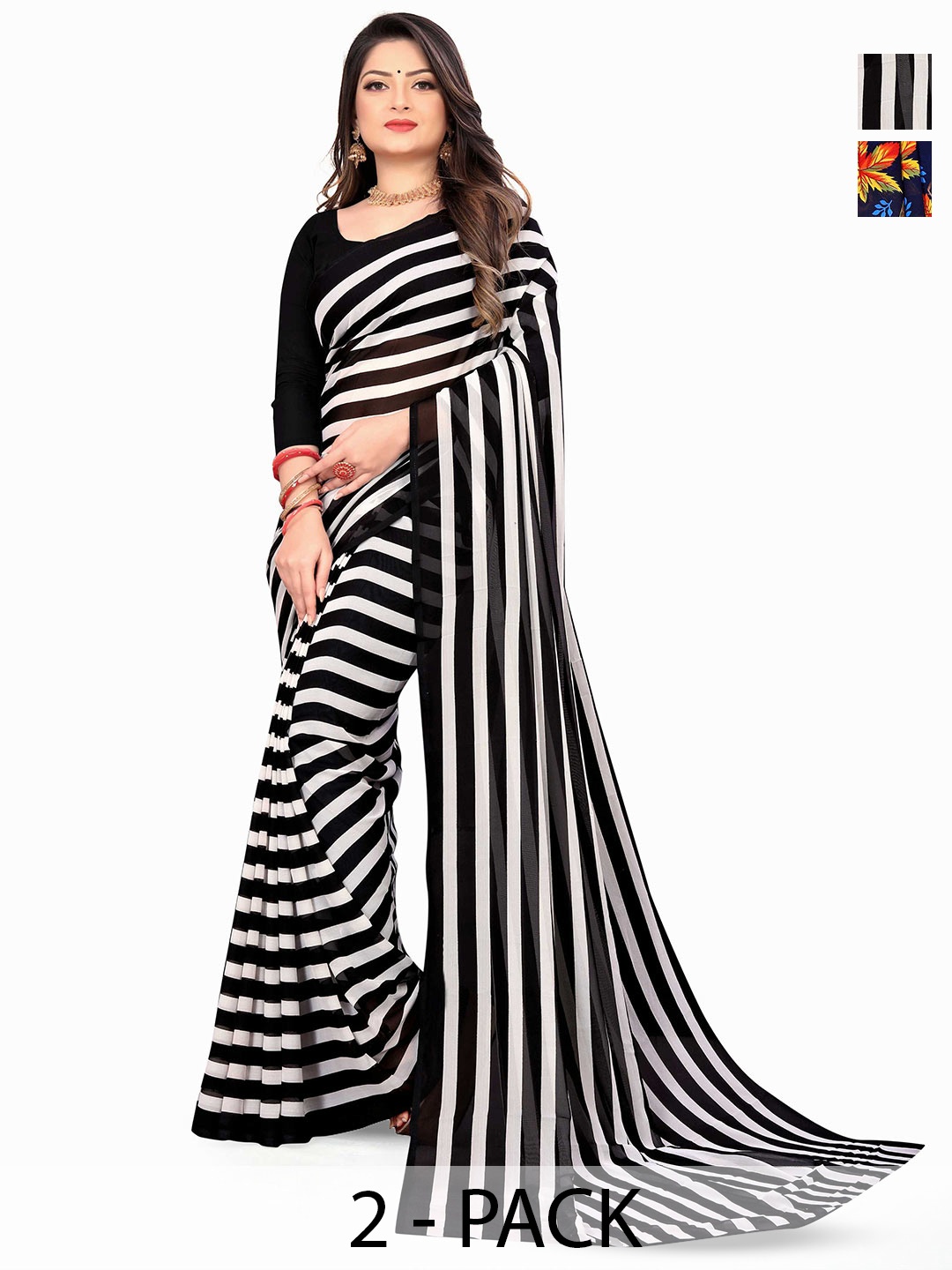 

ANAND SAREES Selection Of 2 Striped Printed Sarees, Black