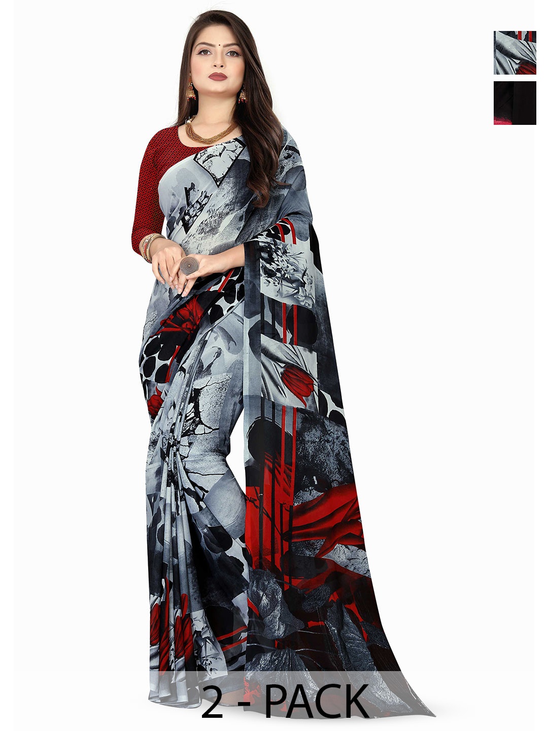 

ANAND SAREES Selection Of 2 Floral Printed Saree, Black