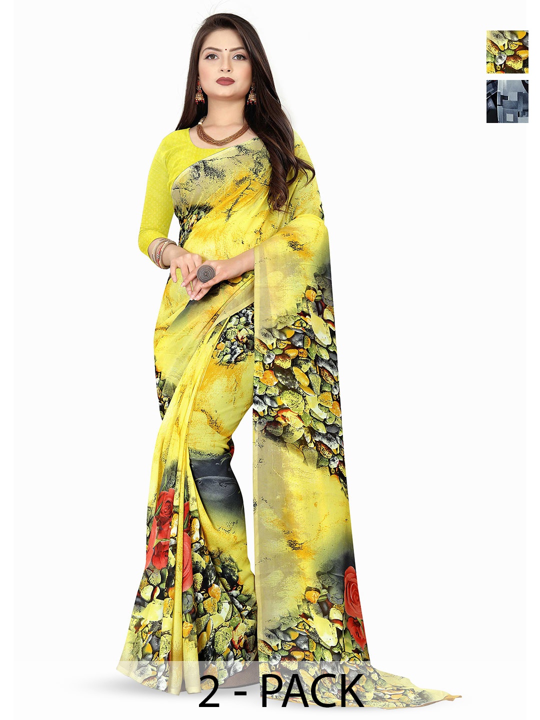 

ANAND SAREES Pack Of 2 Floral Poly Georgette Saree With Blouse Piece, Yellow