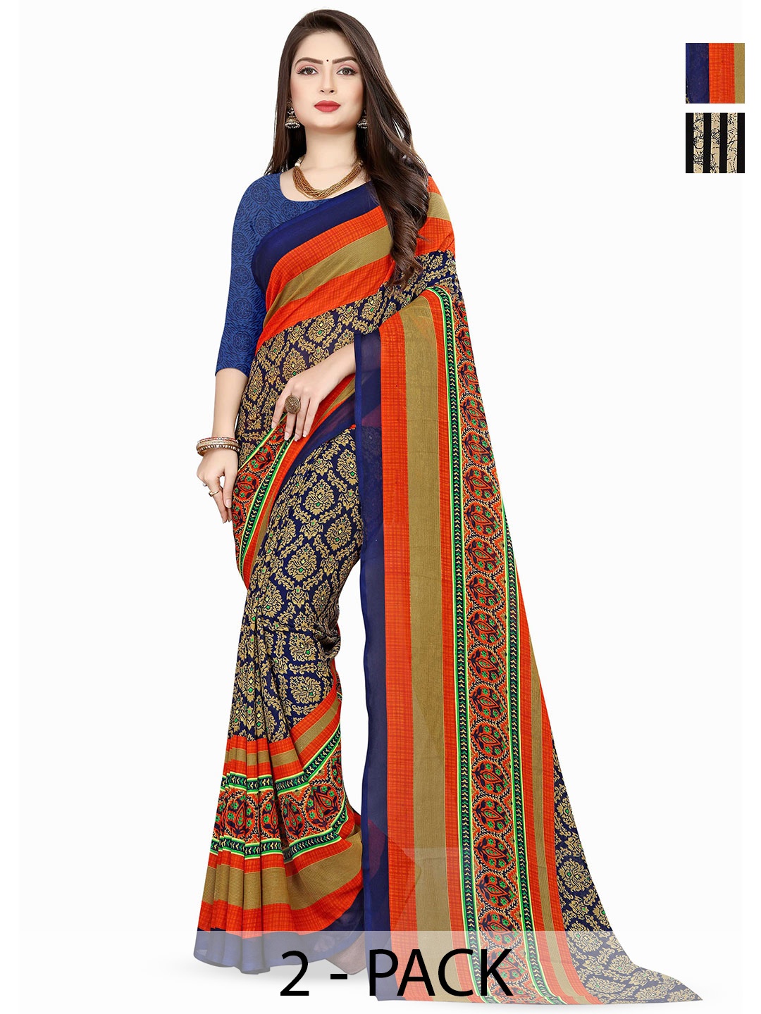 

ANAND SAREES Selection of 2 Floral Printed Sarees, Blue