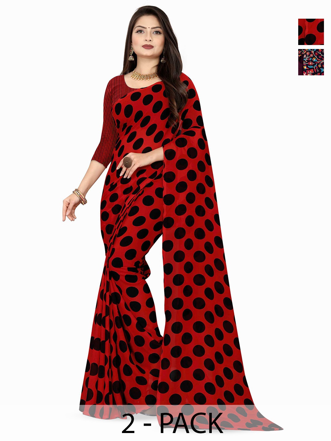 

ANAND SAREES Selection Of 2 Polka Dot Printed Sarees, Red