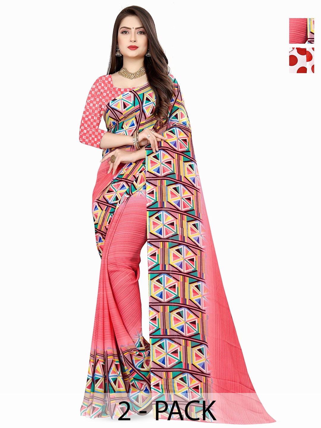 

ANAND SAREES Selection Of 2 Geometric Printed Sarees, Pink