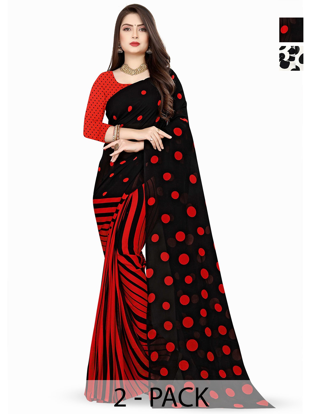 

ANAND SAREES Selection Of 2 Polka Dot Printed Sarees, Red