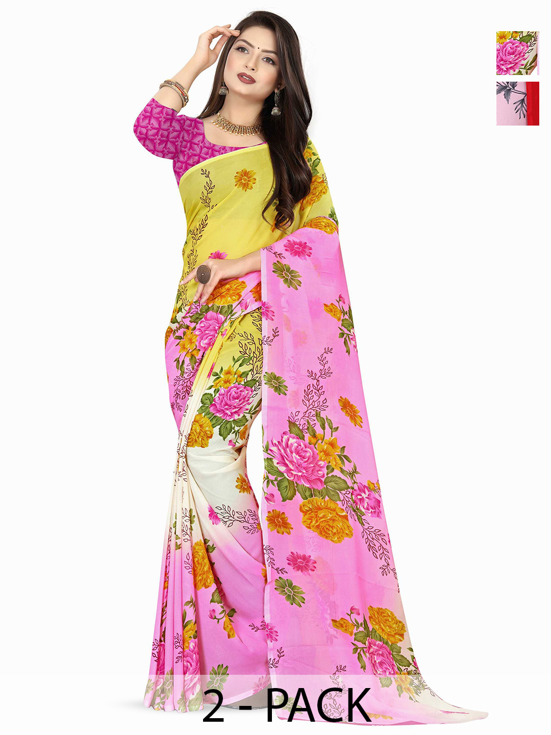 

ANAND SAREES Selection Of 2 Floral Printed Sarees, Pink