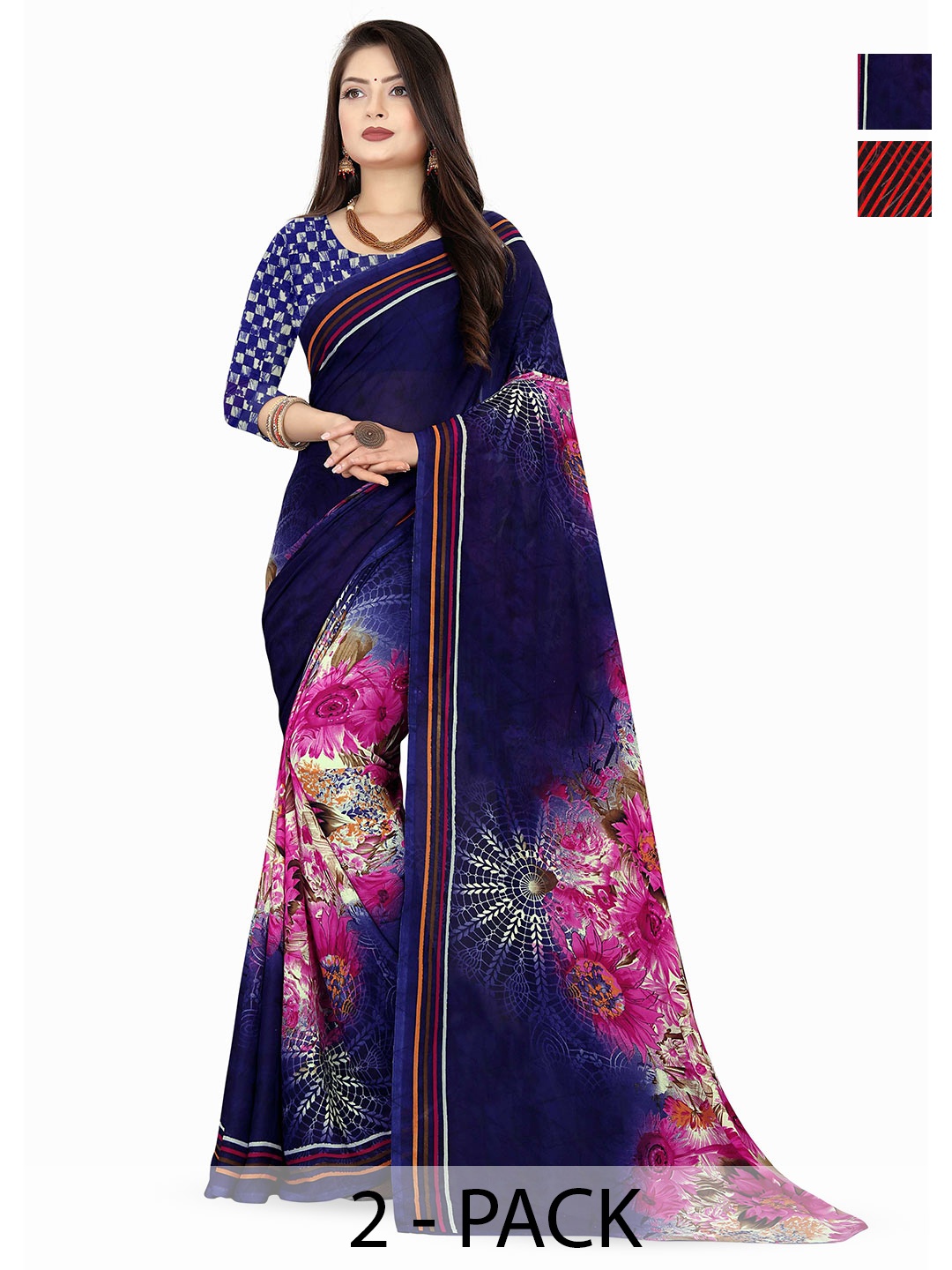 

ANAND SAREES Floral Poly Georgette Saree Pack of 2, Navy blue