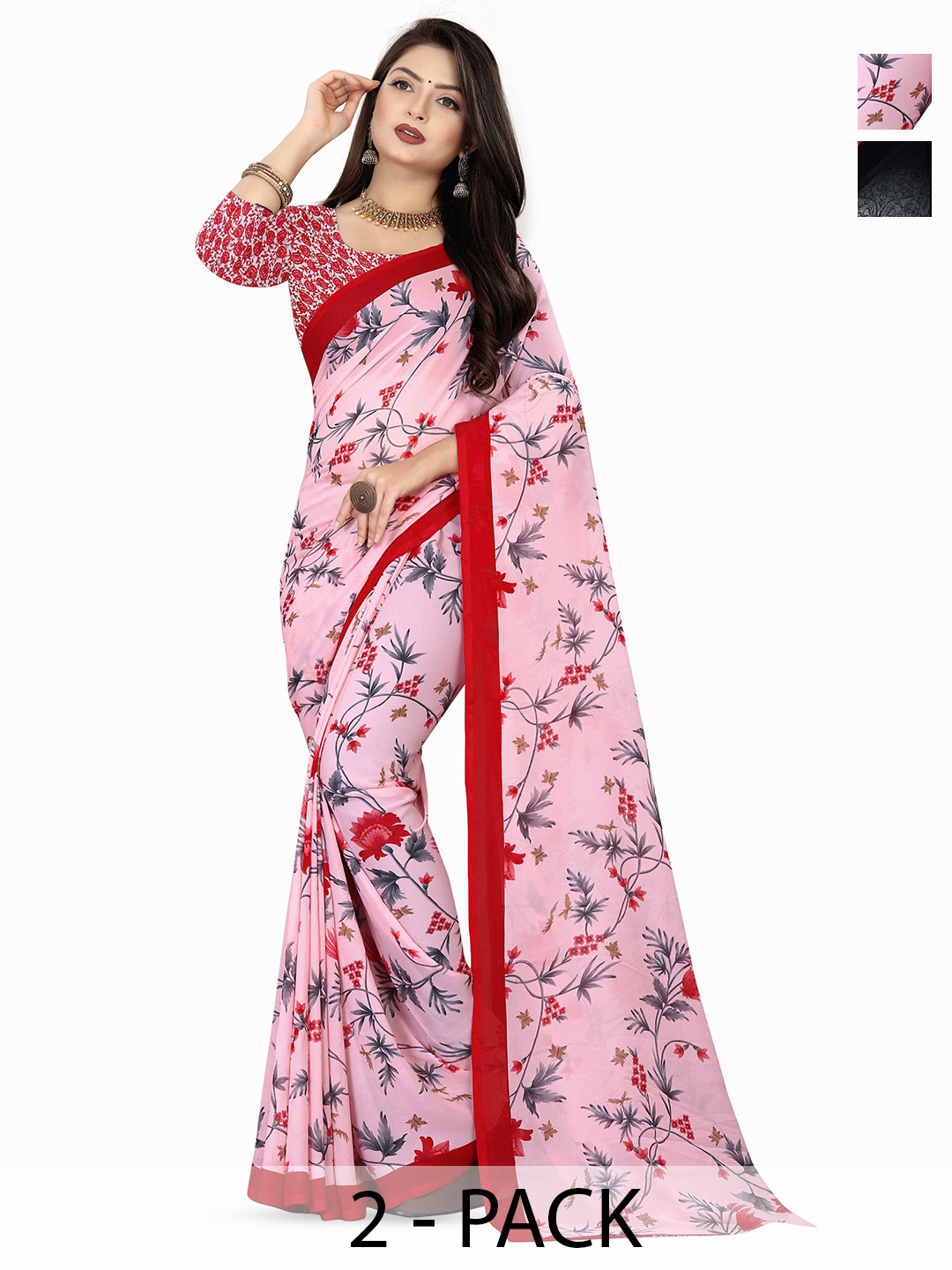 

ANAND SAREES Selection of 2 Floral Printed Saree, Pink