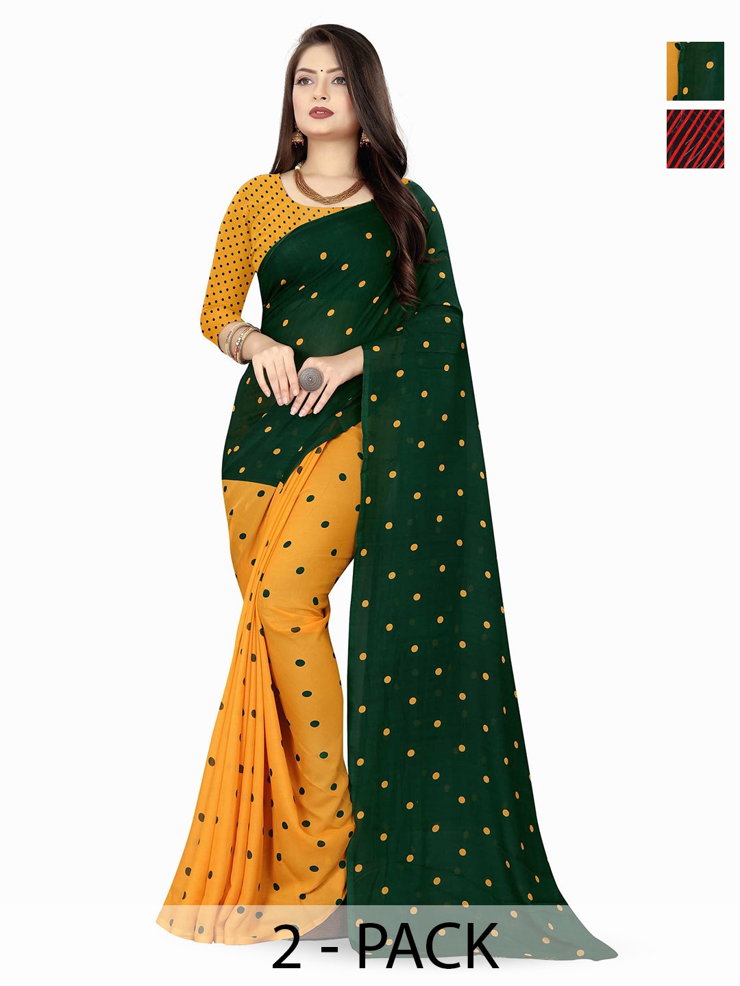 

ANAND SAREES Selection Of 2 Polks Dot Printed Sarees, Green