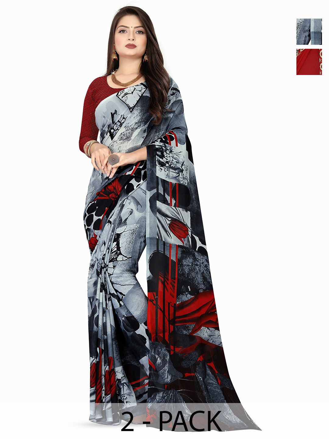 

ANAND SAREES Selection Of 2 Ethnic Motifs Printed Sarees, Red