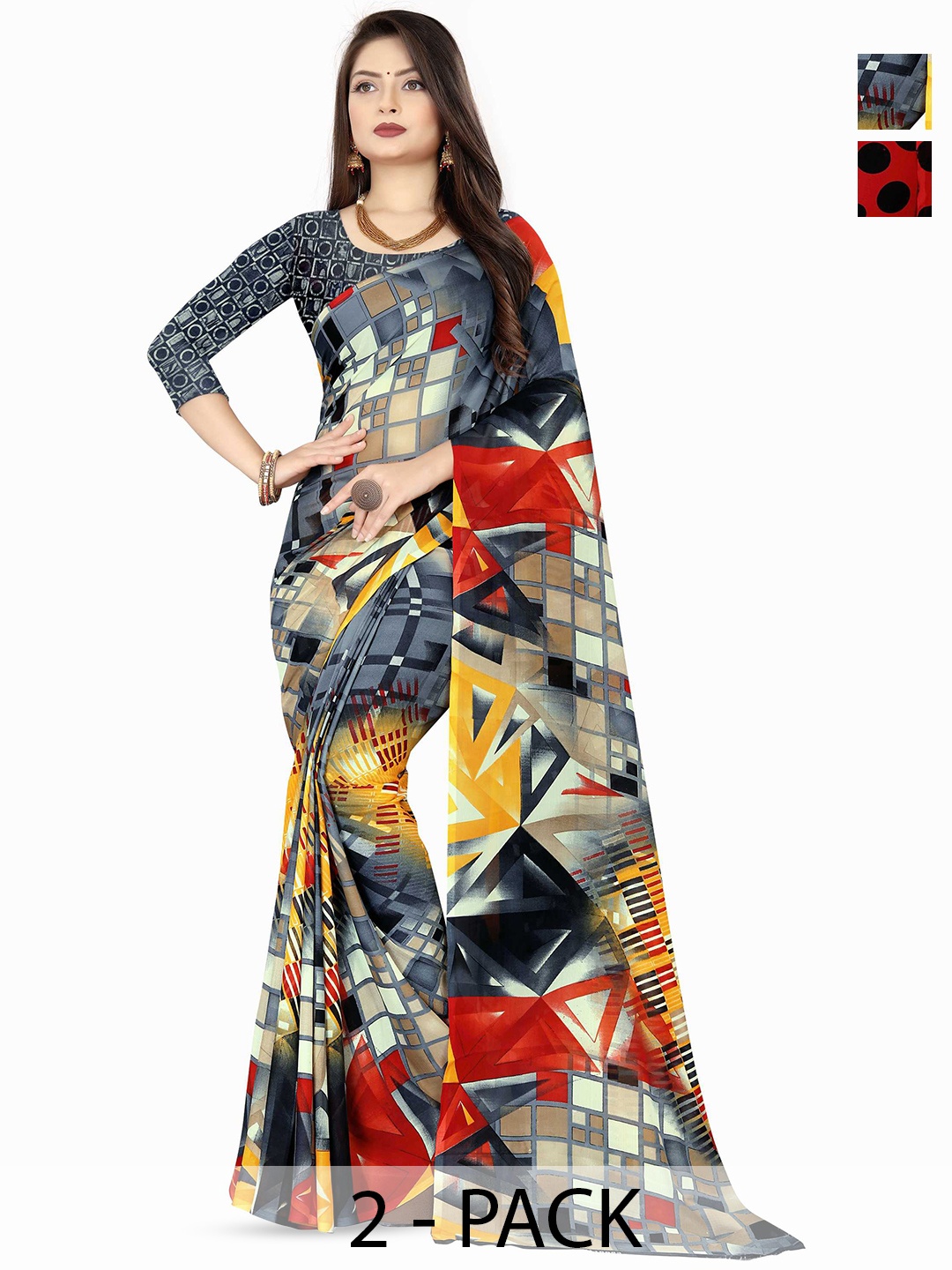 

ANAND SAREES Selection of 2 Floral Printed Sarees, Grey