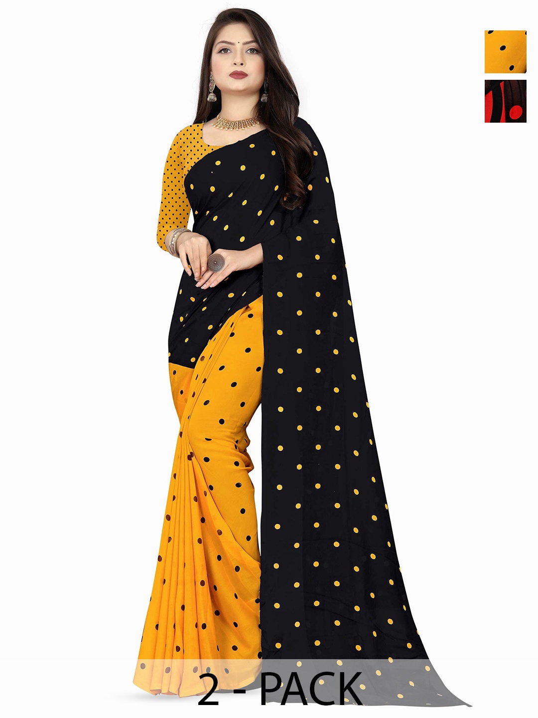 

ANAND SAREES Selection Of 2 Polka Dots Printed Saree, Black