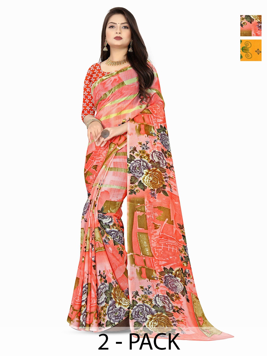 

ANAND SAREES Selection Of 2 Floral Printed Saree, Peach