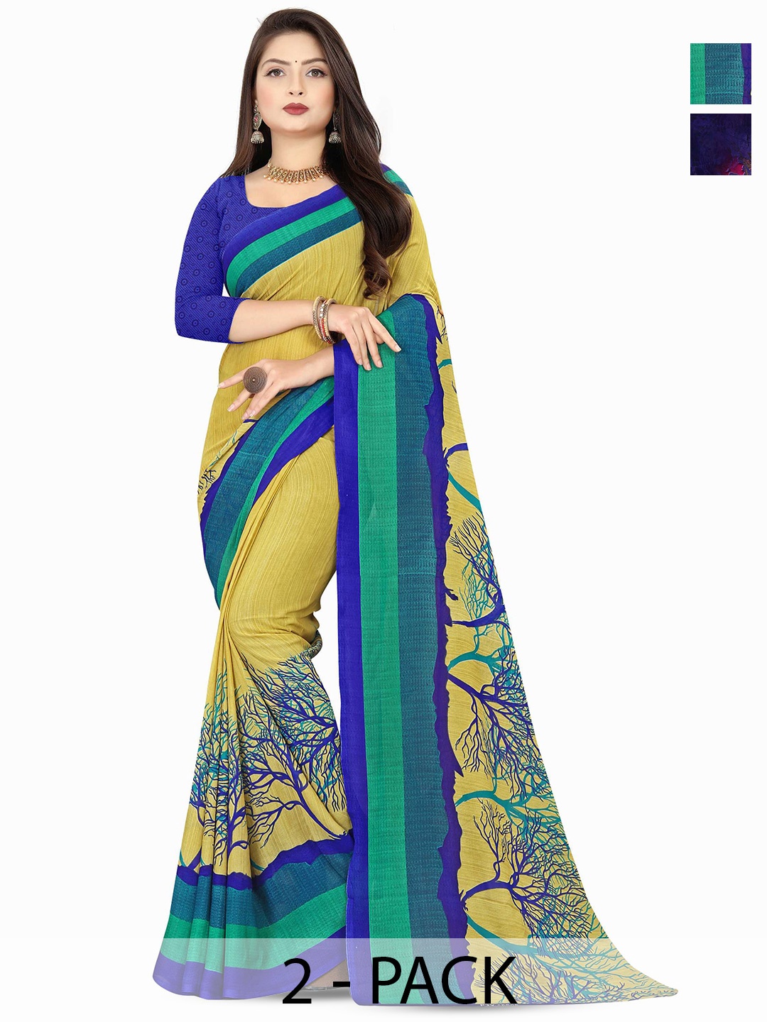 

ANAND SAREES Selection Of 2 Floral Printed Sarees, Brown