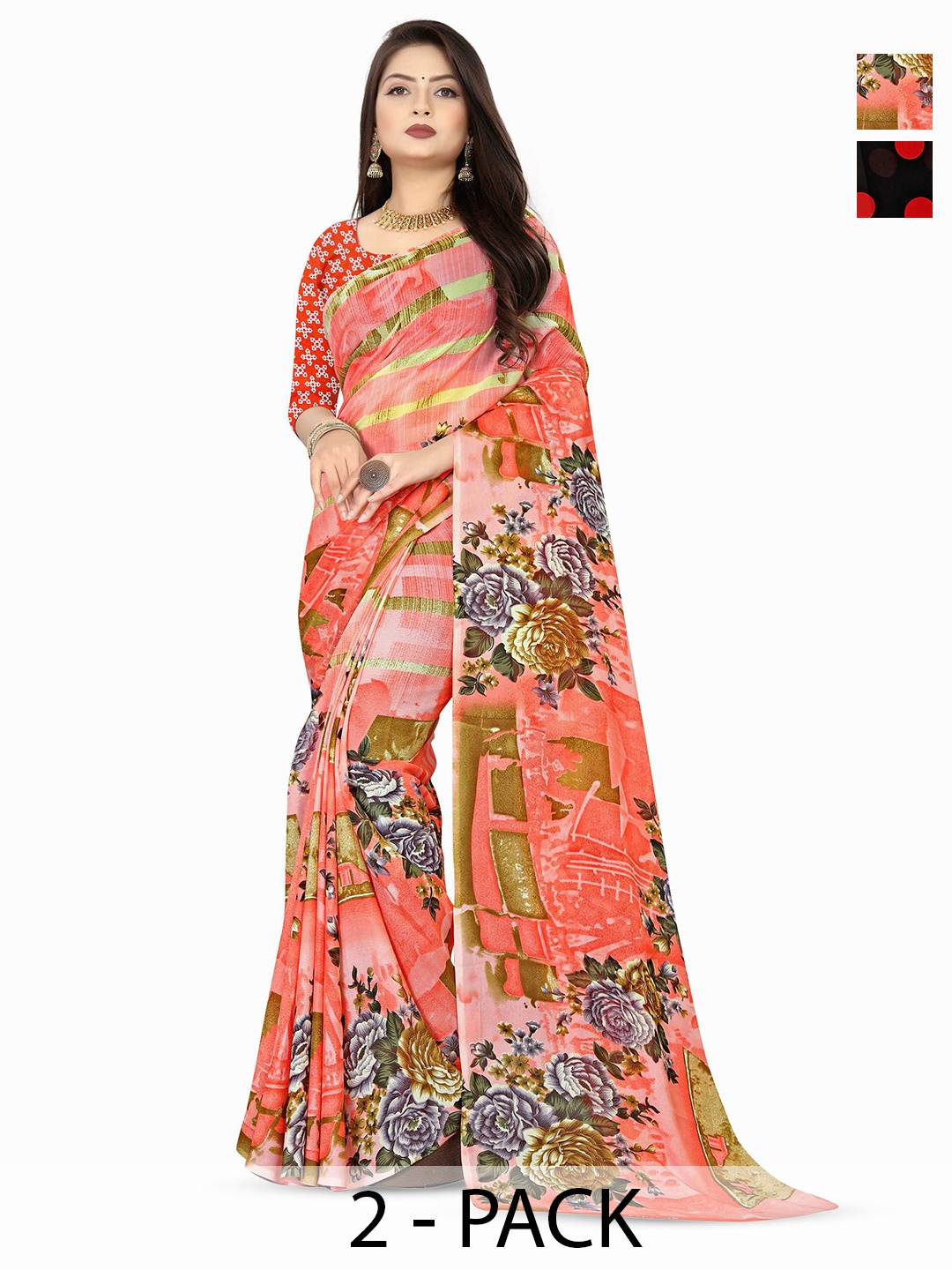 

ANAND SAREES Pack Of 2 Polka Dot Poly Georgette Saree, Red
