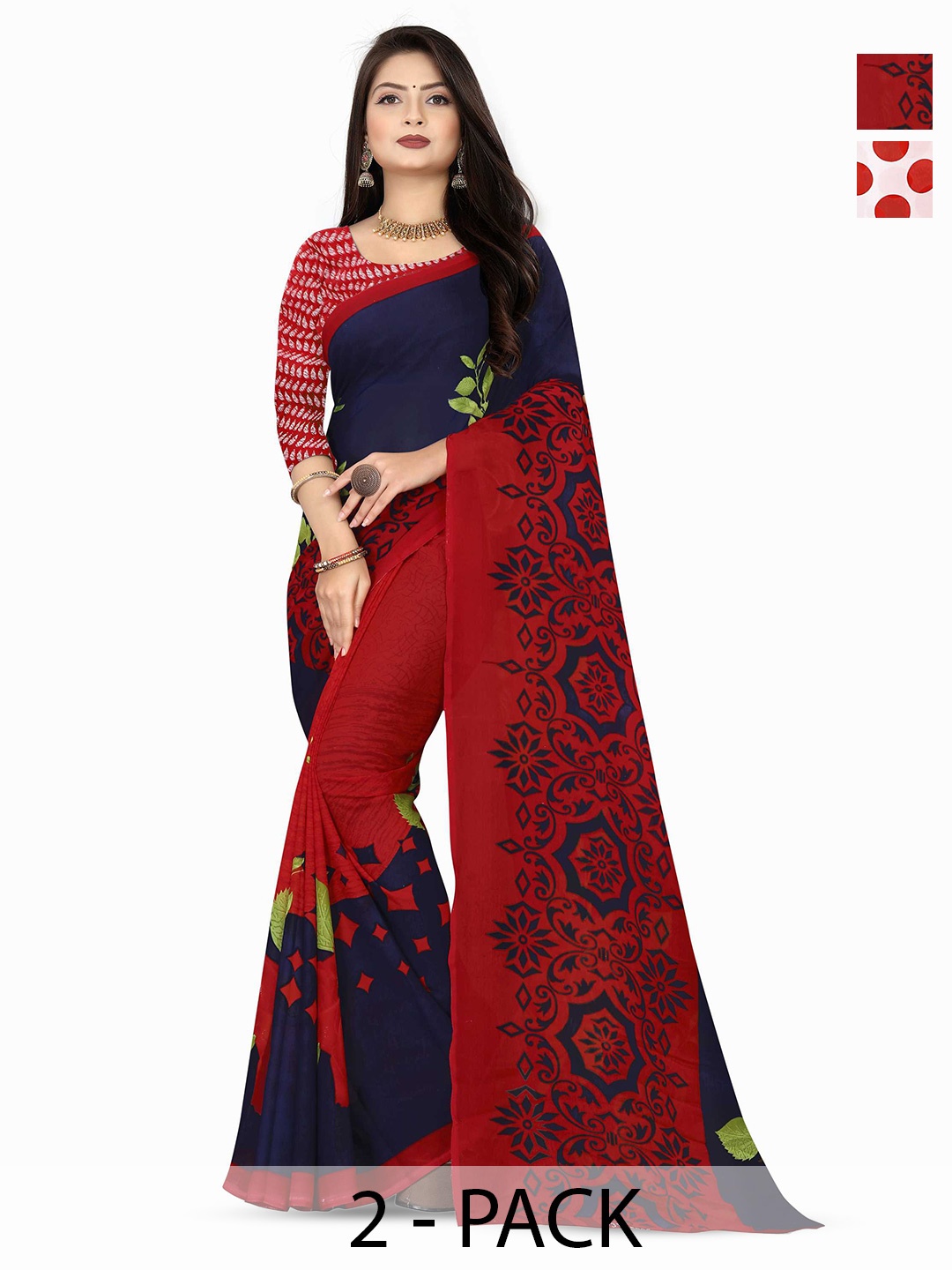 

ANAND SAREES Selection of 2 Floral Printed Saree, Red