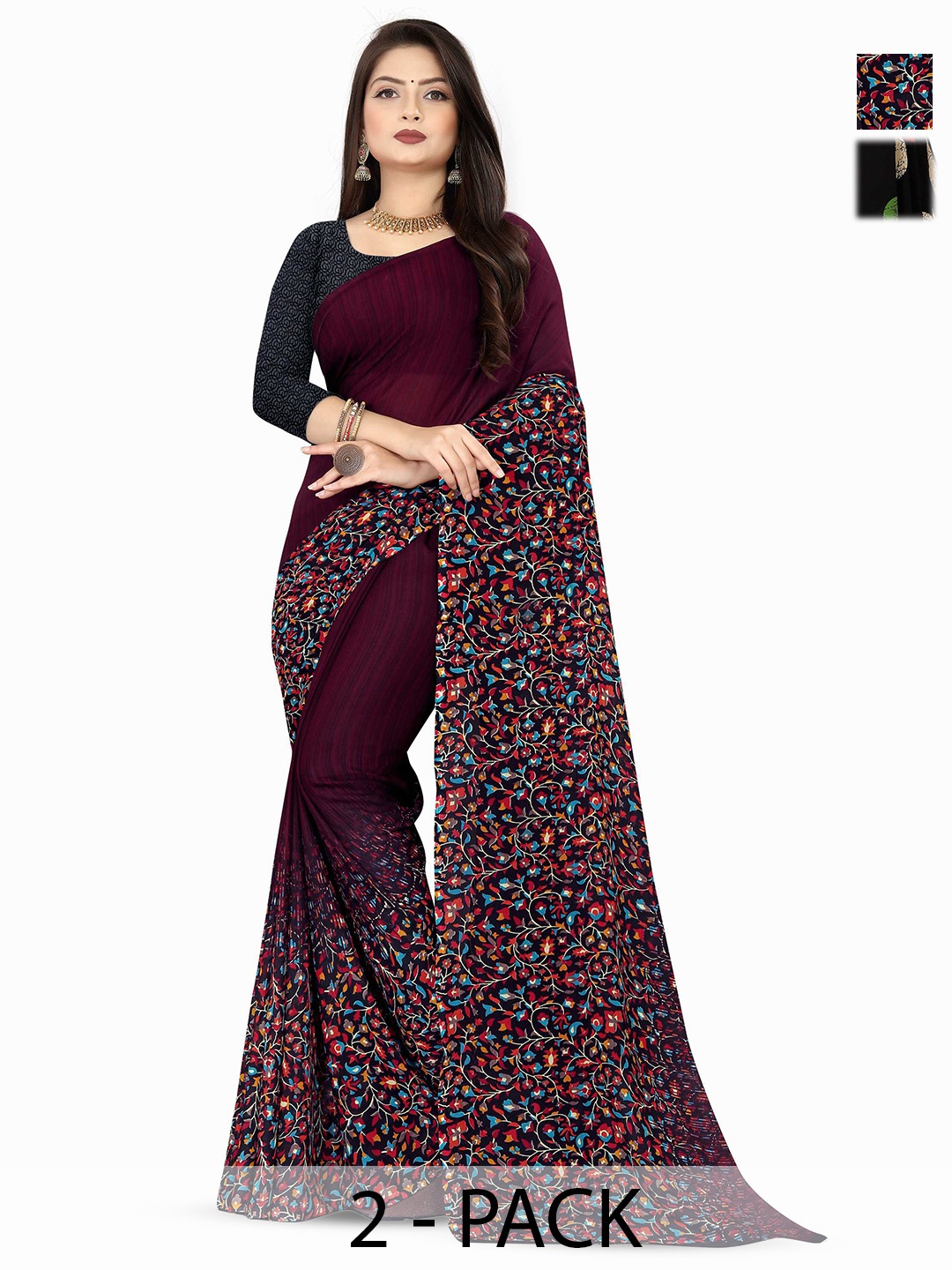 

ANAND SAREES Selection Of 2 Floral Printed Sarees, Black