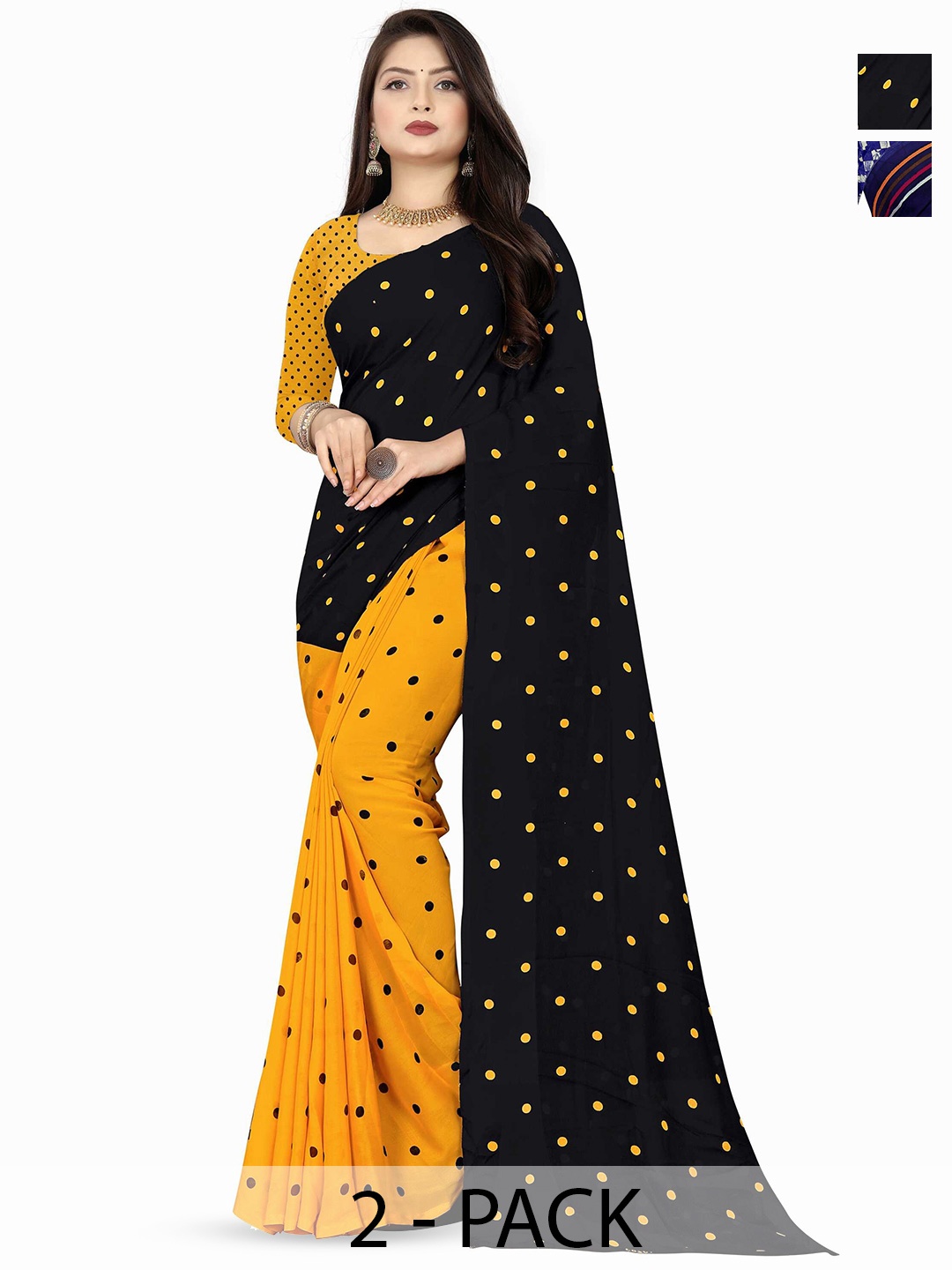 

ANAND SAREES Selection of 2 Polka Dot Printed Sarees, Yellow
