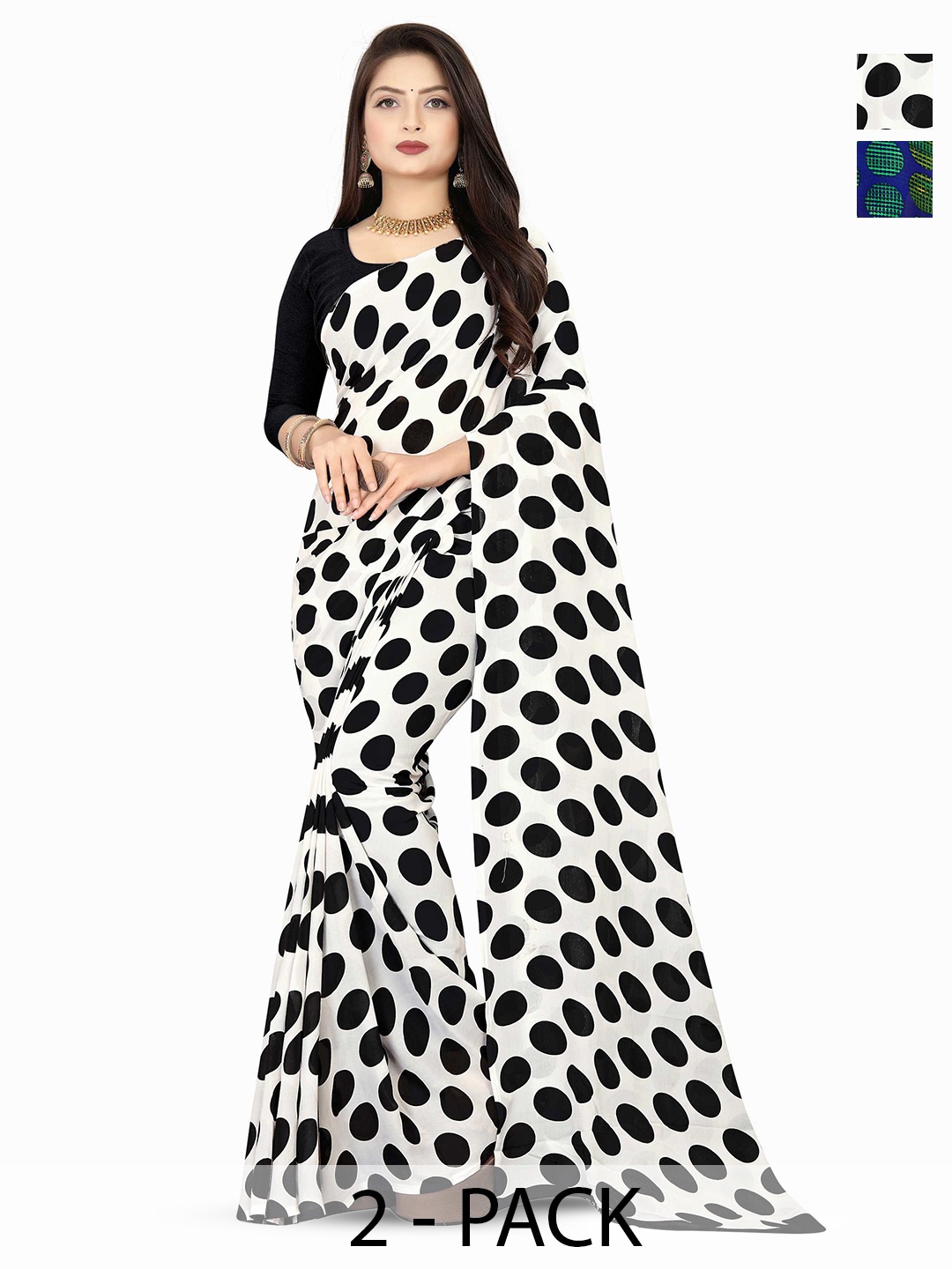 

ANAND SAREES Pack Of 2 Polka Dot Poly Georgette Saree With Blouse Piece, White