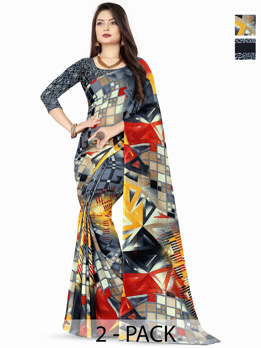 

ANAND SAREES Selection Of 2 Ethnic Motifs Printed Sarees, Grey