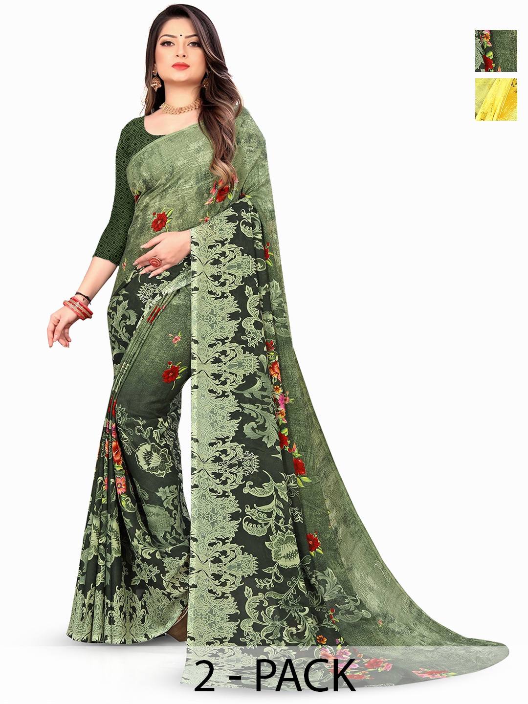 

ANAND SAREES Floral Poly Georgette Saree Pack of 2, Green