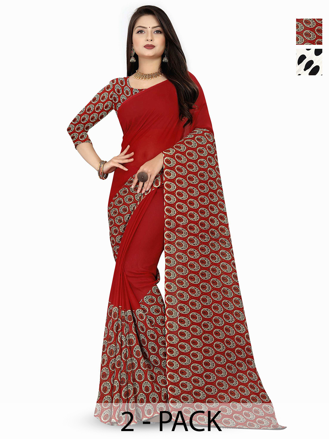 

ANAND SAREES Pack Of 2 Polka Dot Poly Georgette Saree With Blouse Piece, White