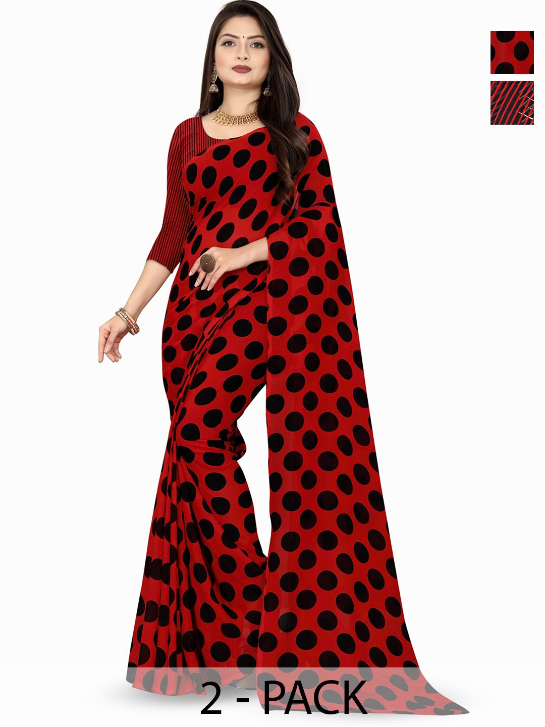 

ANAND SAREES Pack of-2 Polka Dot Saree, Red