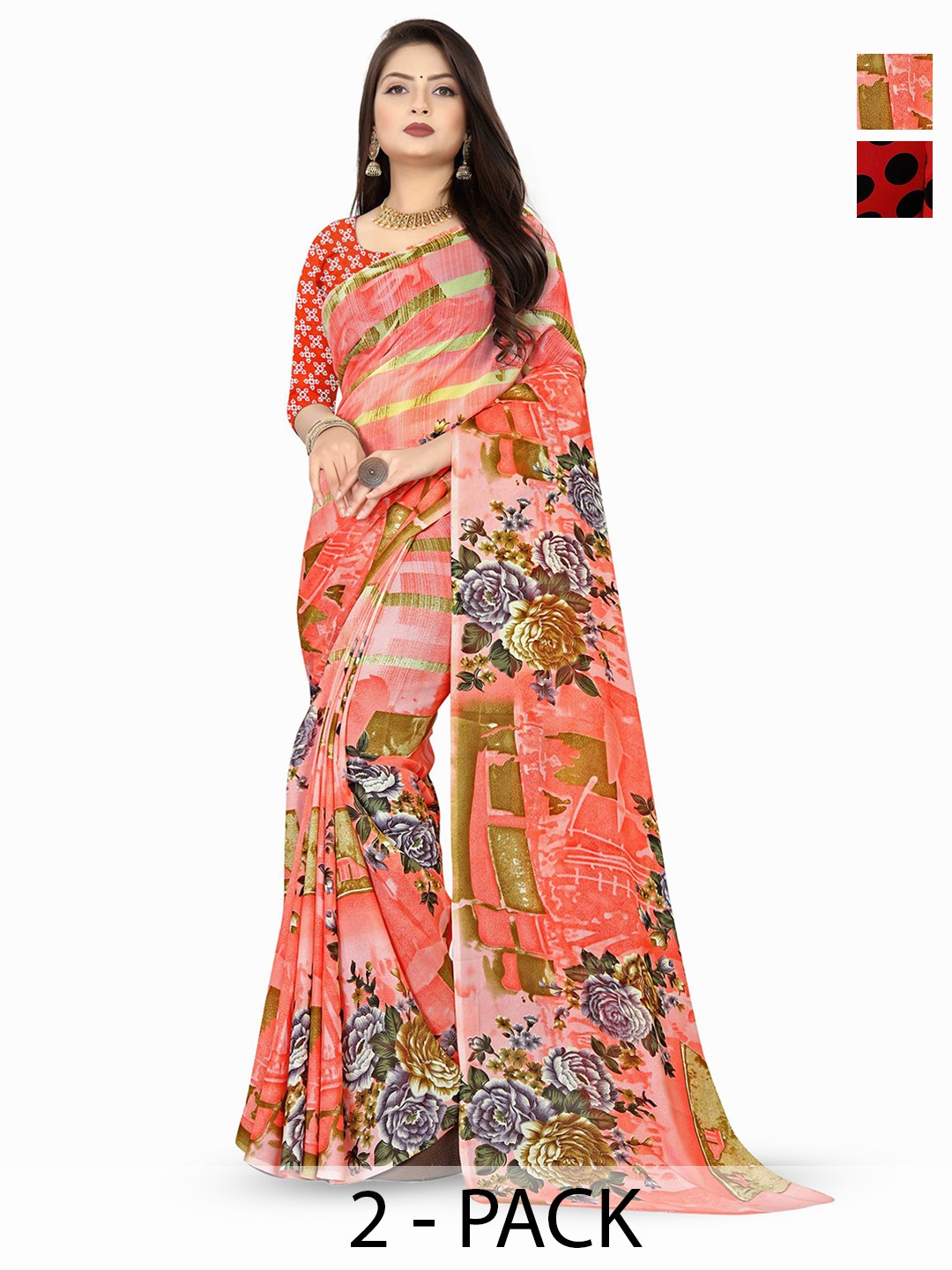 

ANAND SAREES Selection Of 2 Floral Printed Saree, Red