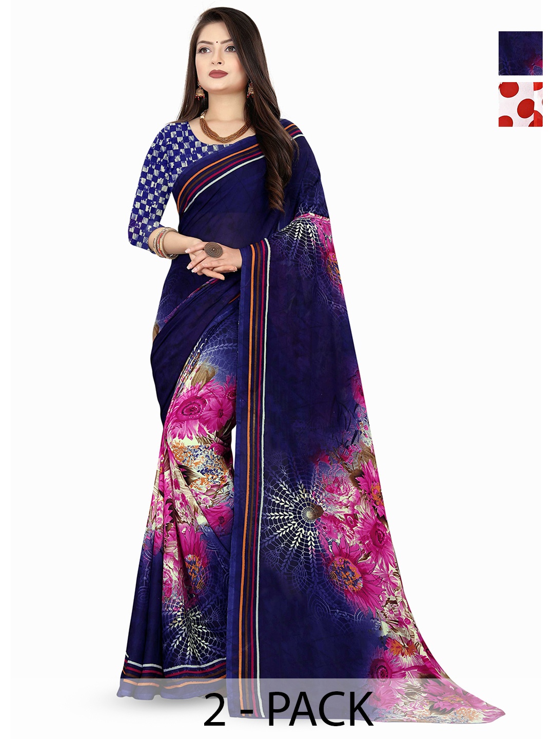 

ANAND SAREES Selection Of 2 Floral Printed Sarees, White