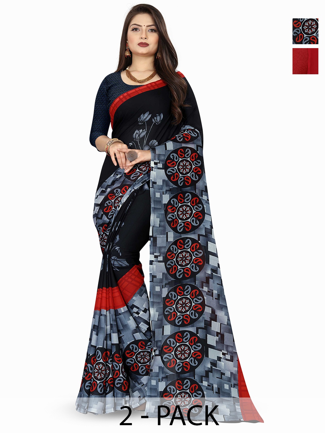 

ANAND SAREES Selection Of 2 Floral Printed Sarees, Red