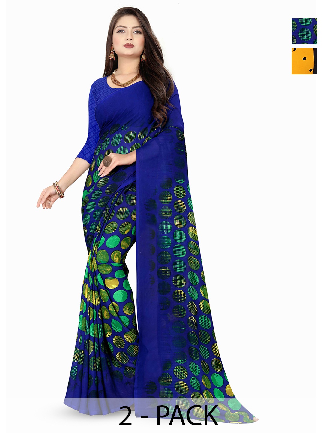 

ANAND SAREES Selection of 2 Polka Dot Printed Saree, Yellow