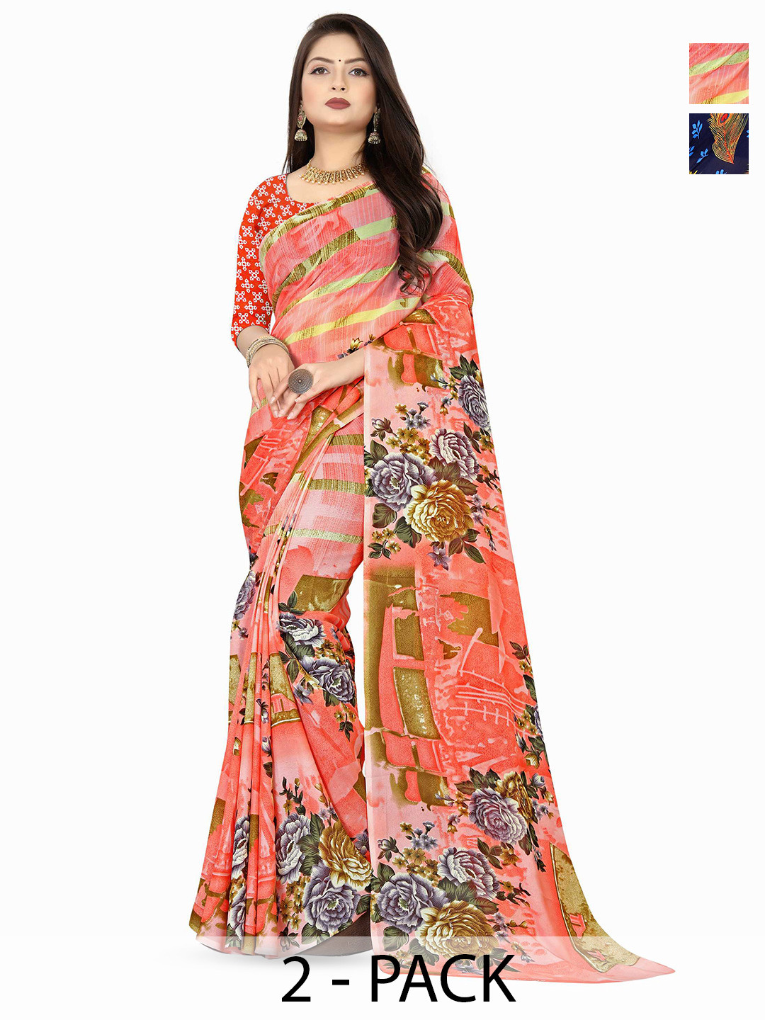 

ANAND SAREES Selection Of 2 Floral Printed Saree, Peach