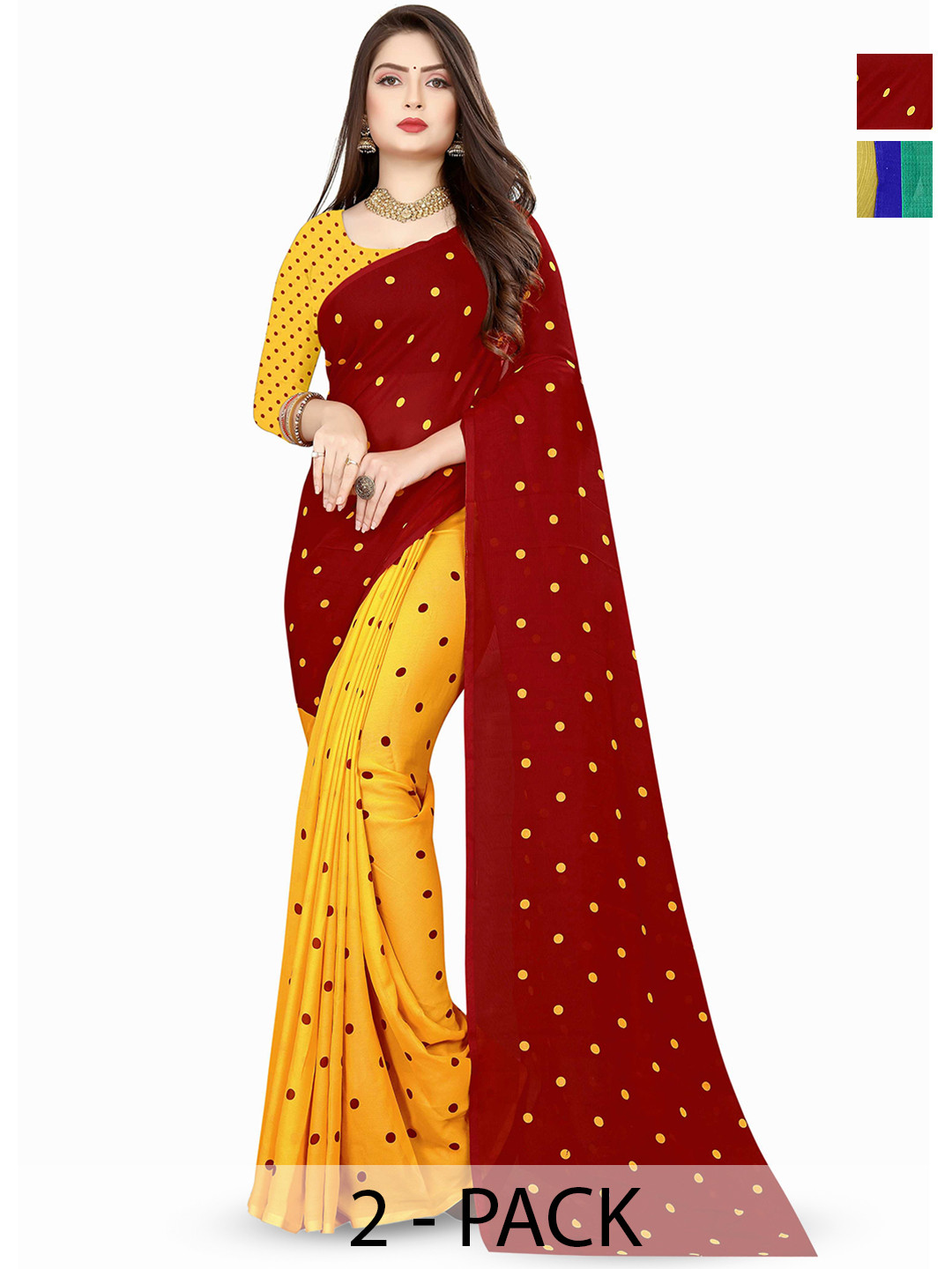 

ANAND SAREES Selection Of 2 Polka Dot Printed Saree, Red