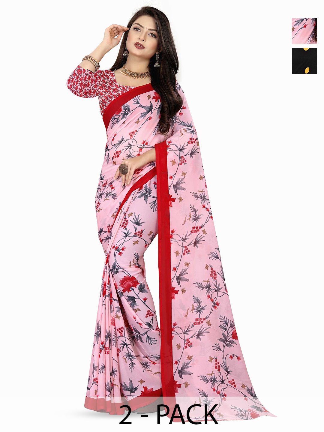 

ANAND SAREES Selection of 2 Polka Dot Printed Saree, Black